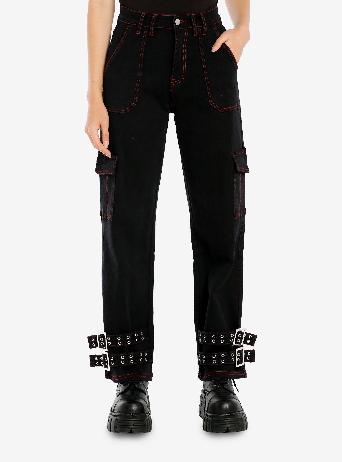 Black & Red Contrast Stitch Buckle Girls Carpenter Pants