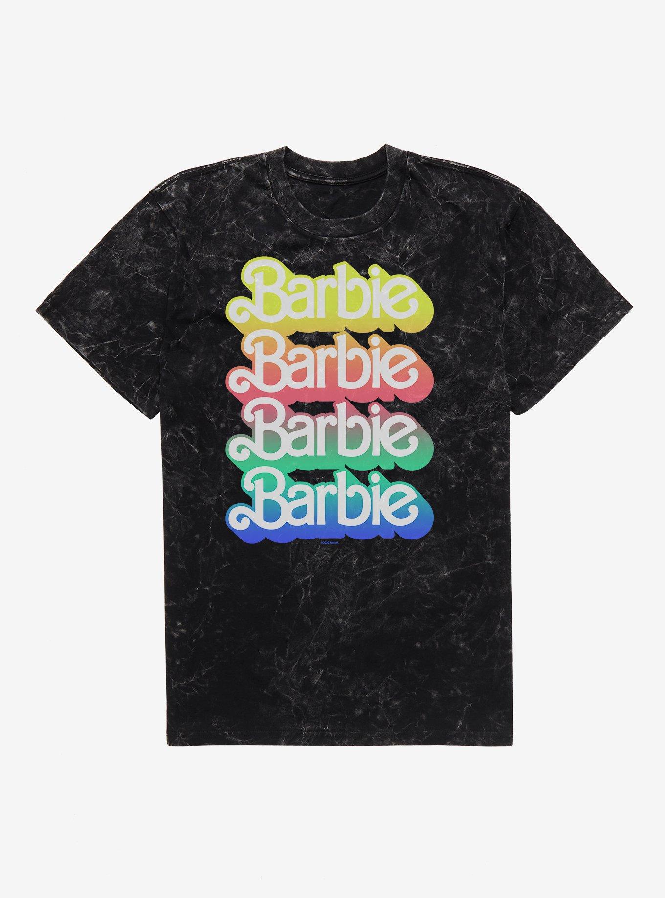 Barbie Pastel Rainbow Logo Mineral Wash T-Shirt, BLACK MINERAL WASH, hi-res