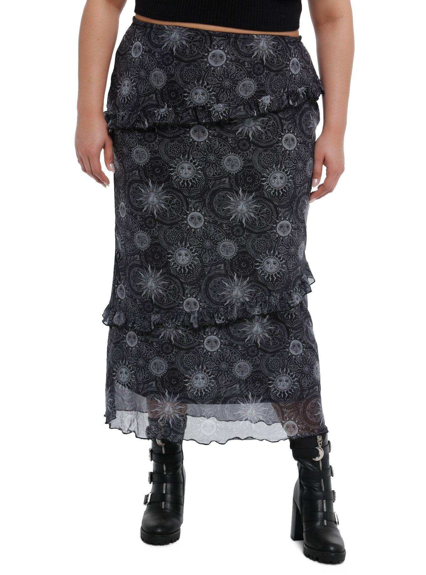 Cosmic Aura Celestial Ruffle Tiered Midi Skirt Plus Size, BLACK, hi-res