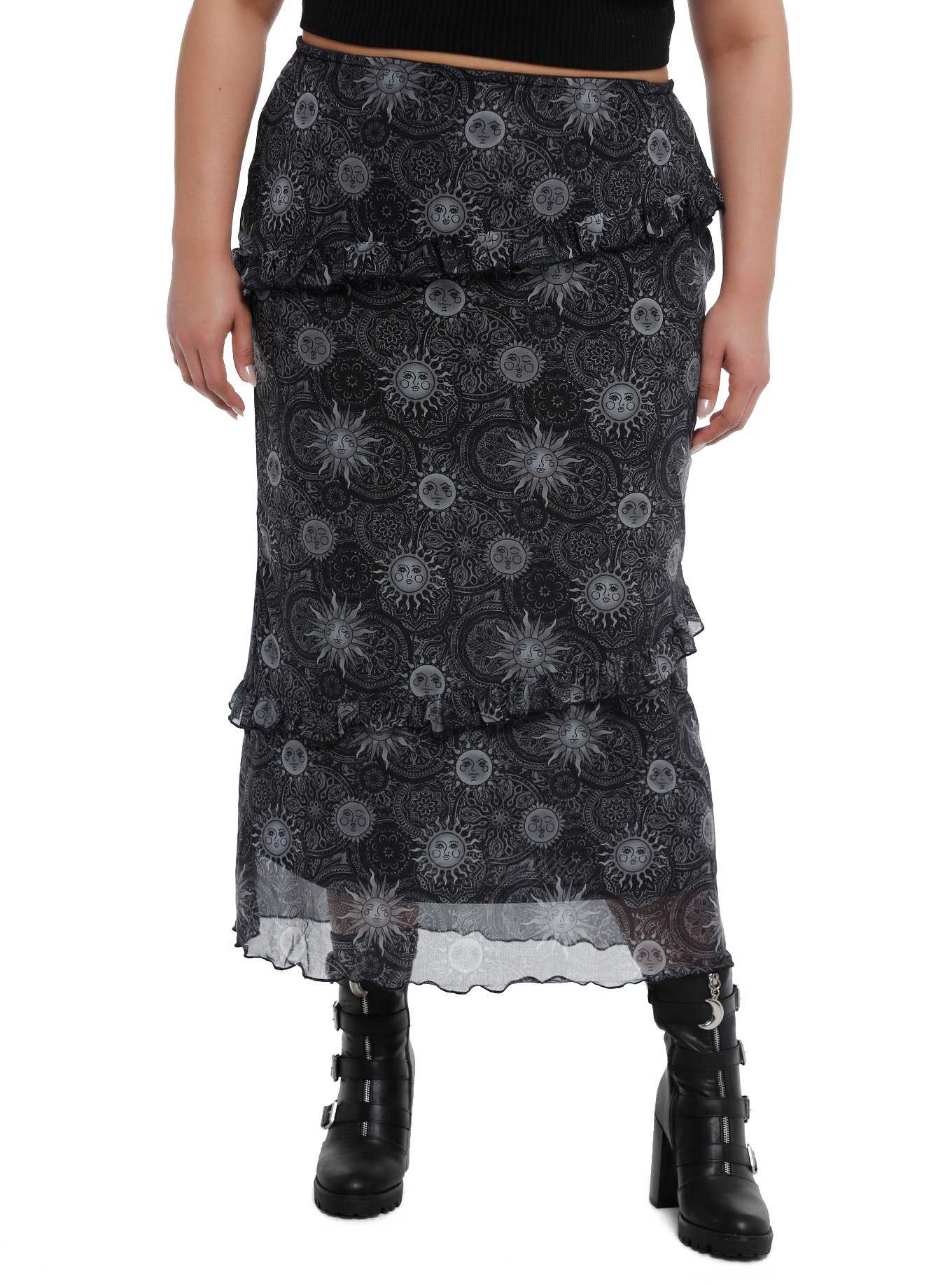 Cosmic Aura Celestial Ruffle Tiered Midi Skirt Plus Size, , hi-res