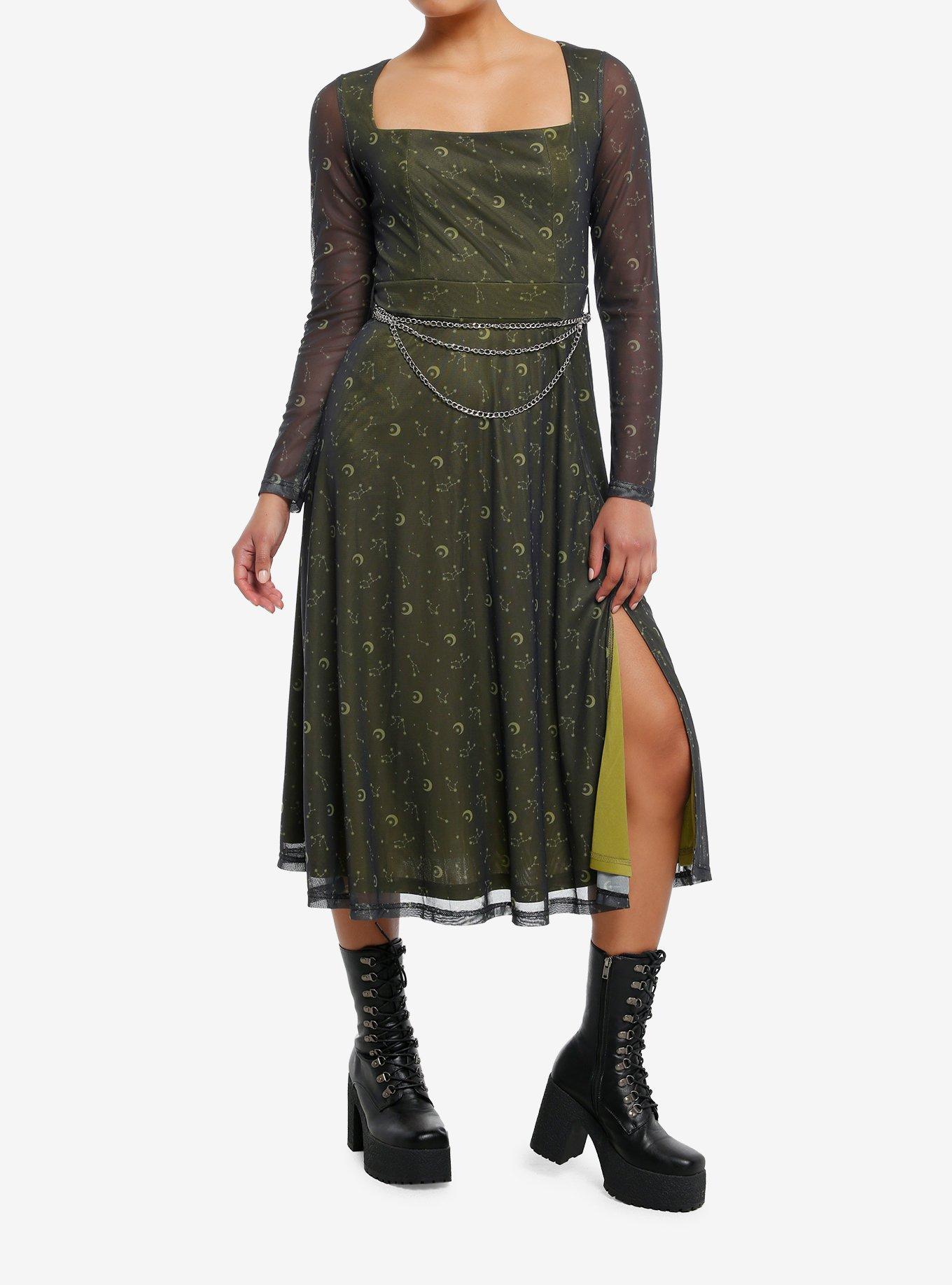 Cosmic Aura Gold Constellation Chain Belt Long-Sleeve Dress, GOLD, hi-res