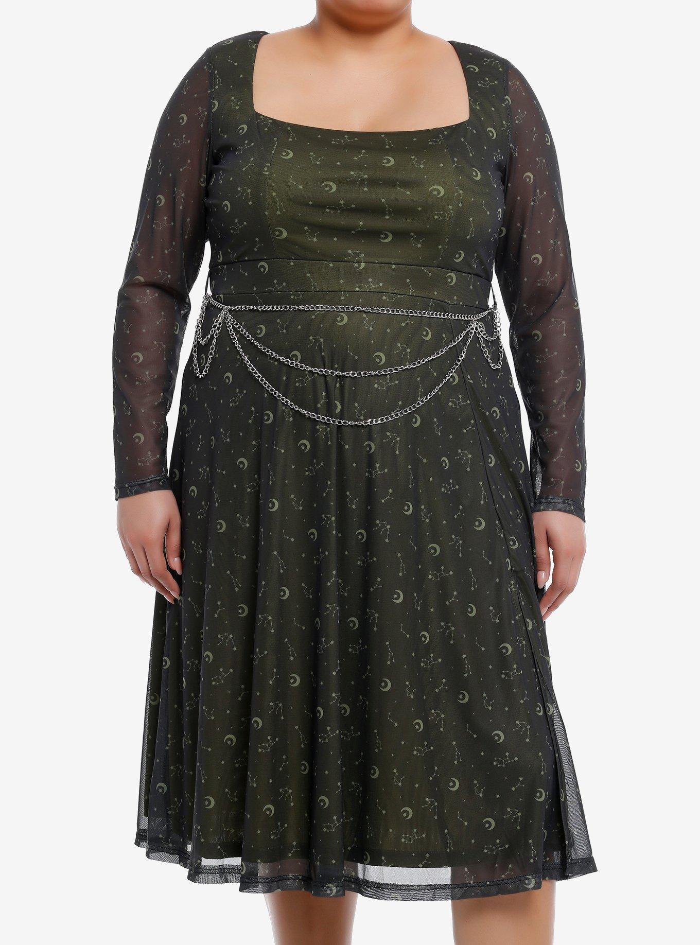Cosmic Aura Gold Constellation Chain Belt Long-Sleeve Dress Plus Size, GOLD, hi-res
