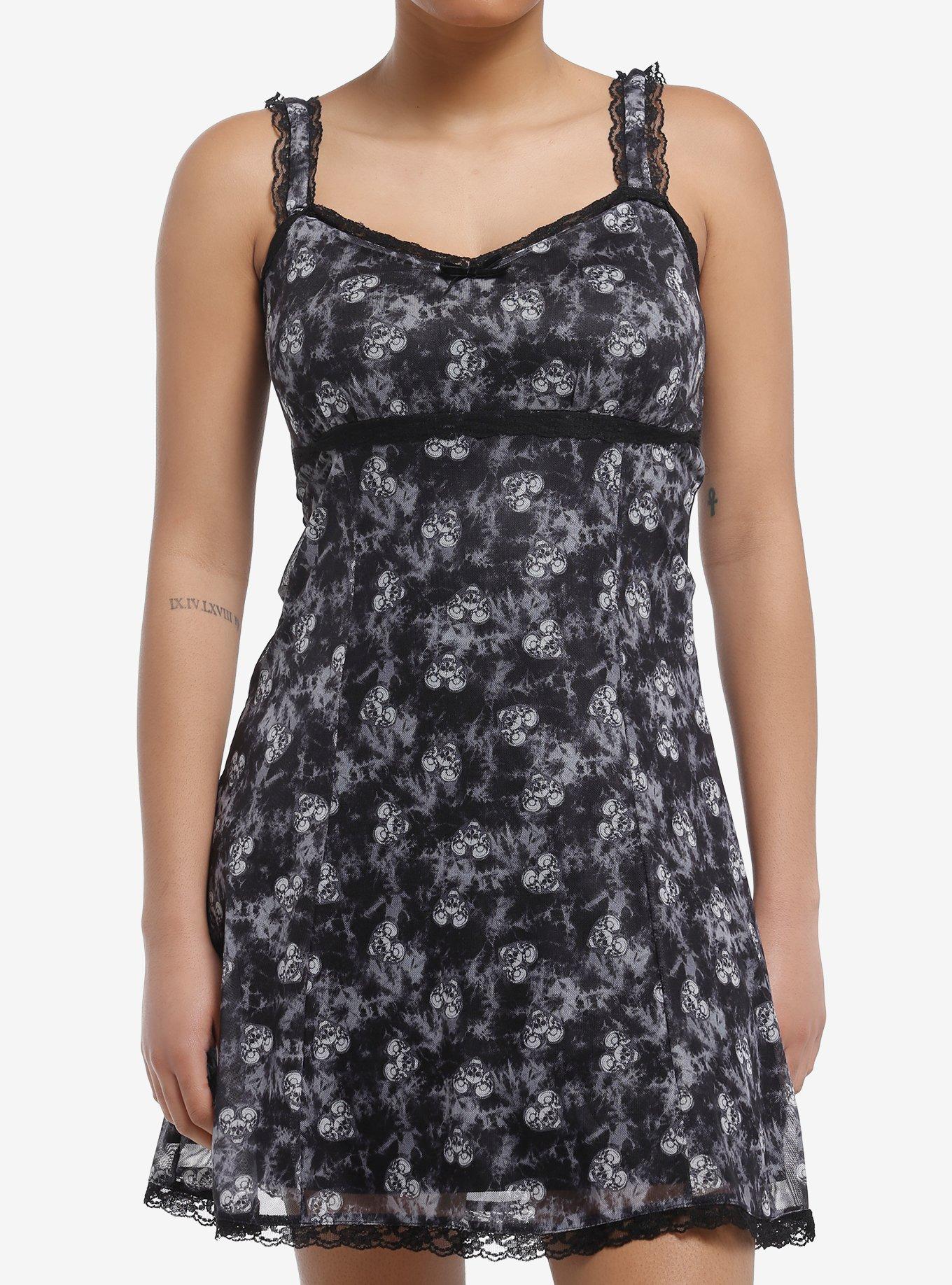 Black & Grey Skull Heart Wash Cami Slip Dress, , hi-res