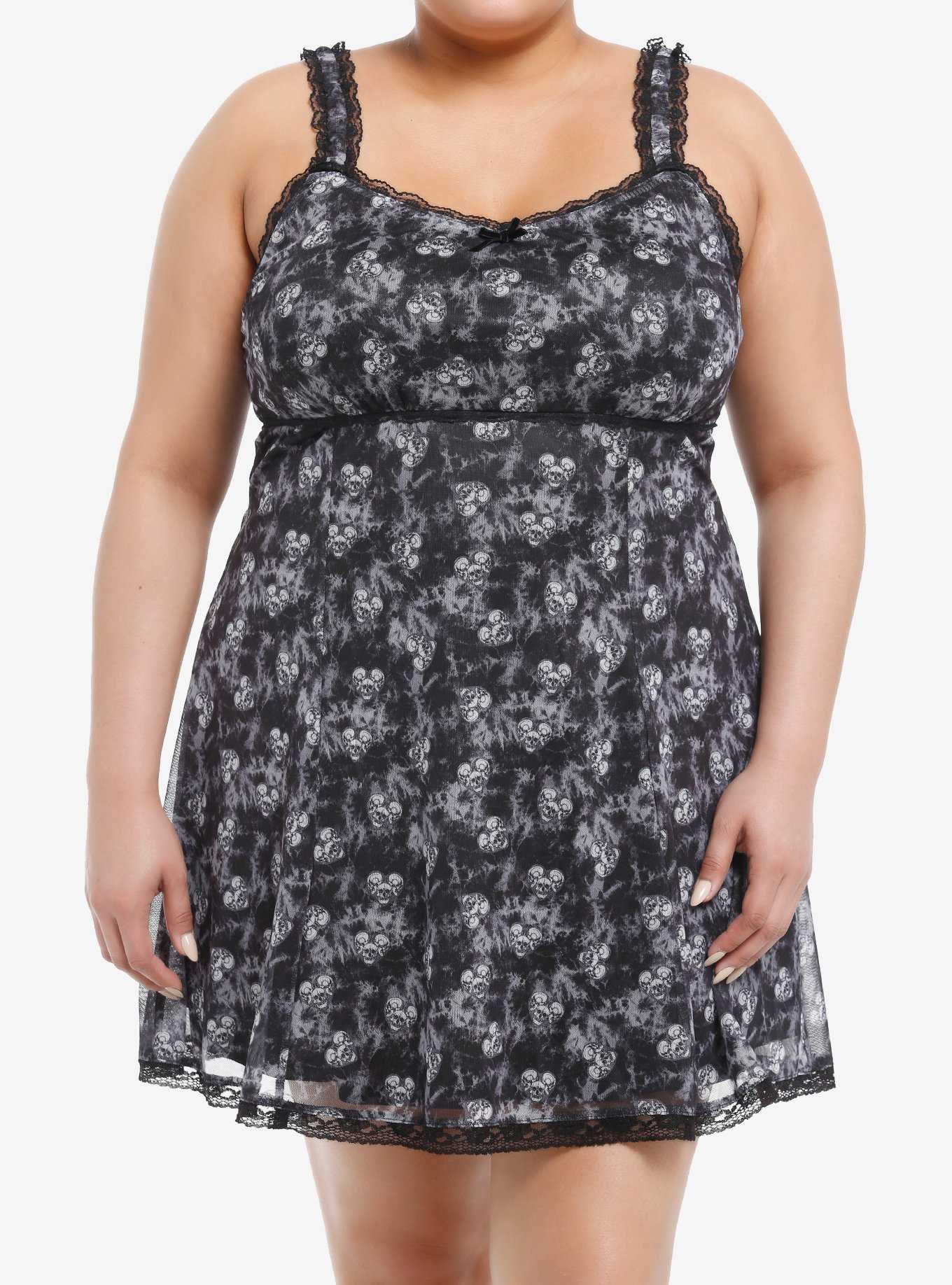 Black & Grey Skull Heart Wash Cami Slip Dress Plus Size, , hi-res