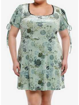 Daisy Street Green Floral Velvet Puff Sleeve Mini Dress Plus Size, , hi-res