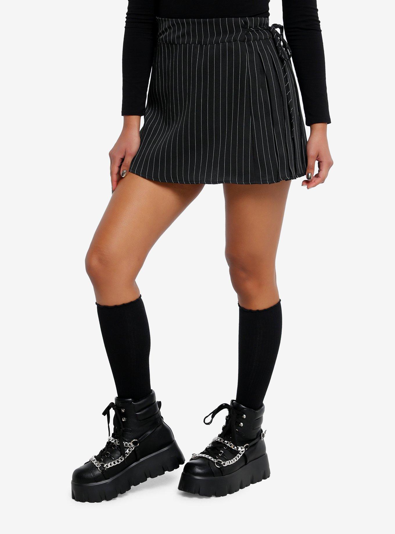 Daisy Street Black Pinstripe Side-Tie Mini Skirt, , hi-res