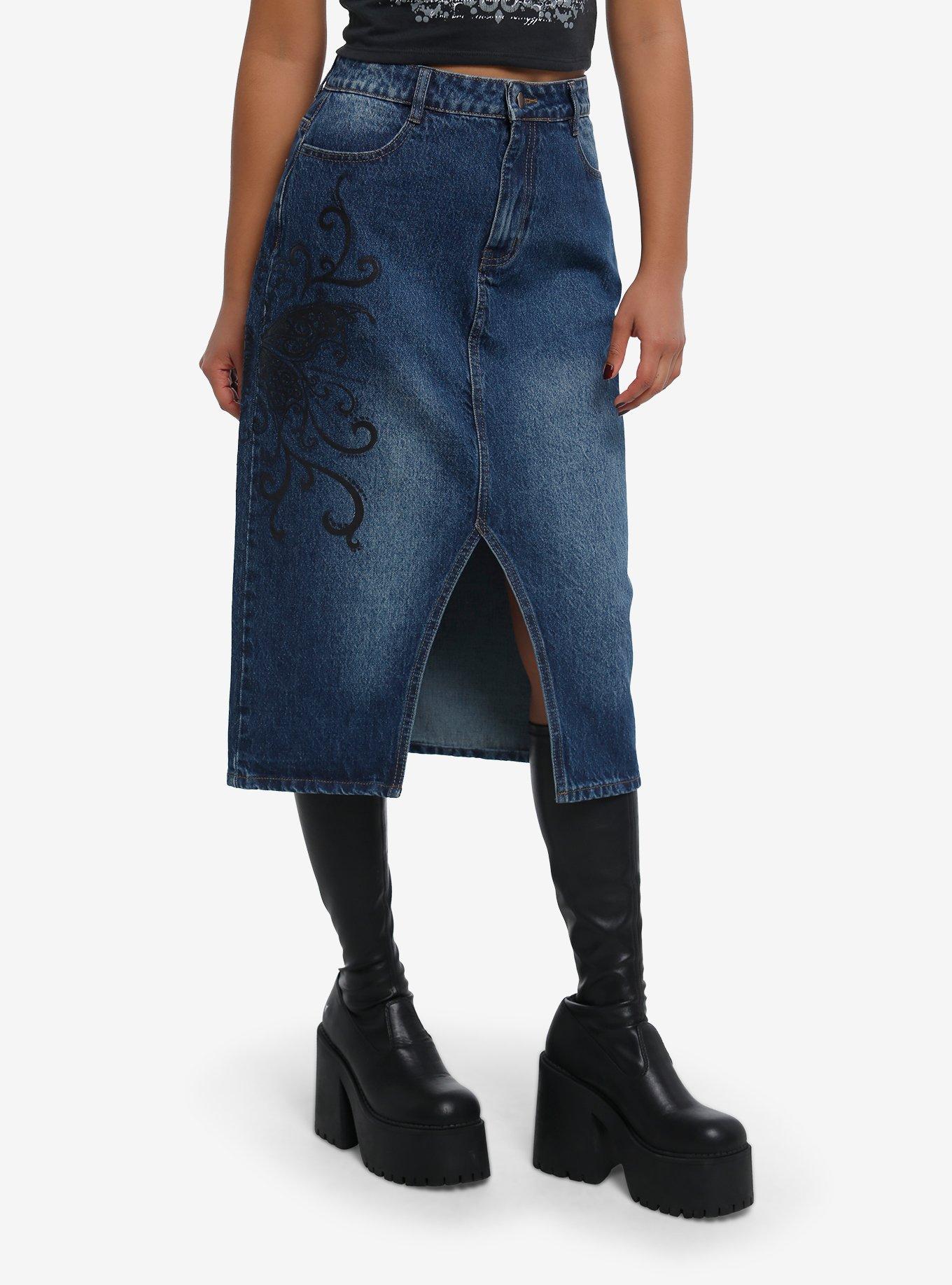 Butterfly Filigree Denim Midi Skirt, , hi-res