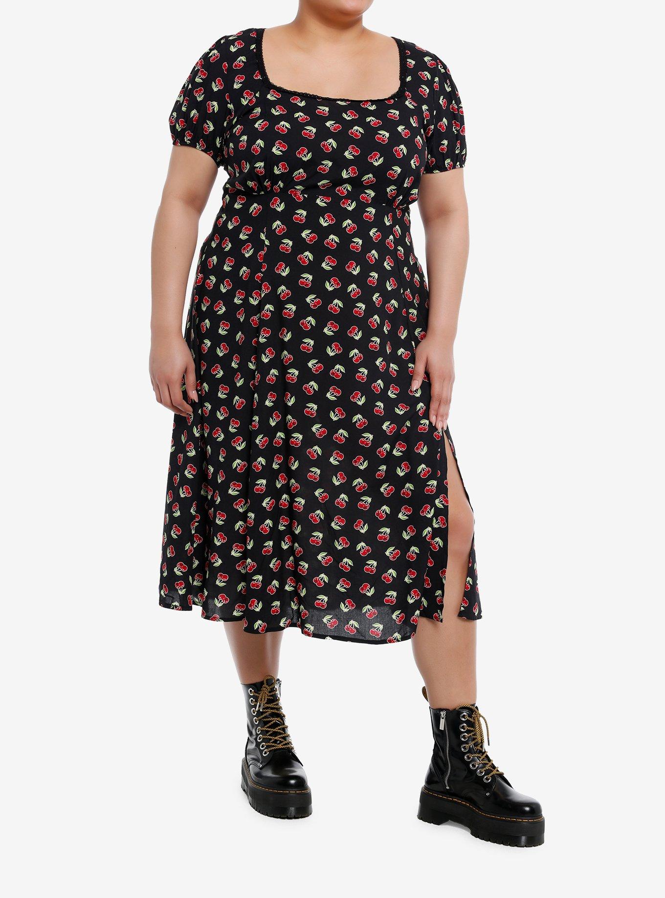 Red Cherry Empire Midi Dress Plus Size, RED, hi-res