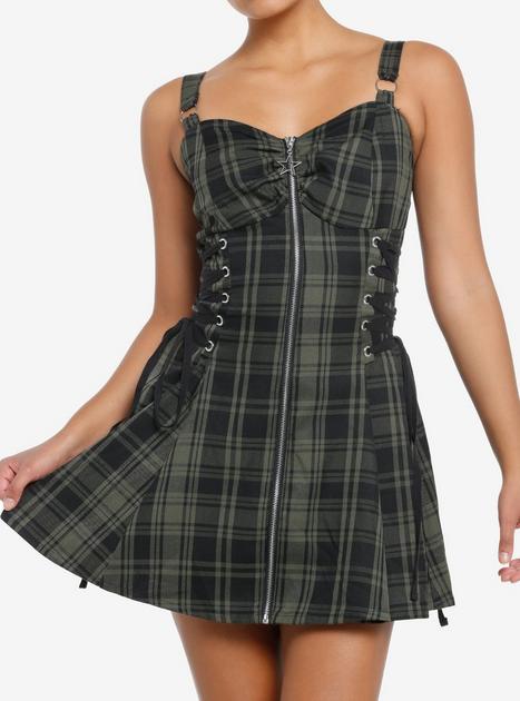 Social Collision Green & Black Zipper Plaid Cami Dress