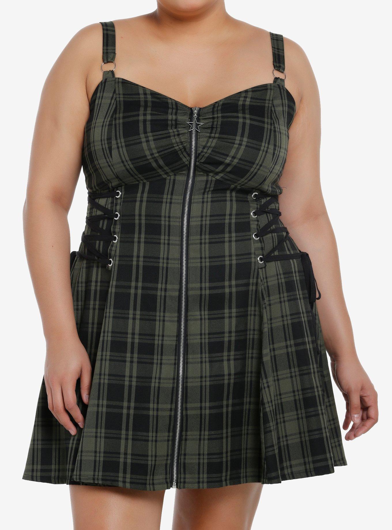 Social Collision Green & Black Zipper Plaid Cami Dress Plus Size, GREEN, hi-res