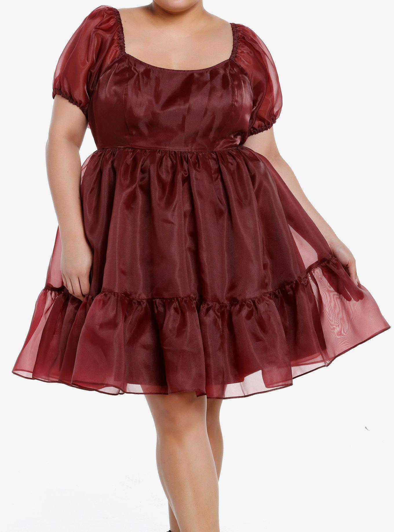 Cosmic Aura Maroon Organza Tiered Dress Plus Size, MAROON, hi-res