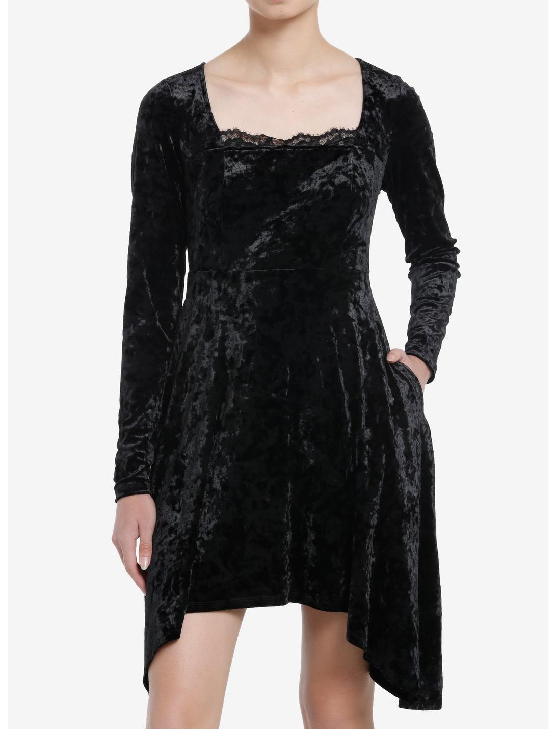 Cosmic Aura Black Velvet Lace Long-Sleeve Dress, BLACK, hi-res