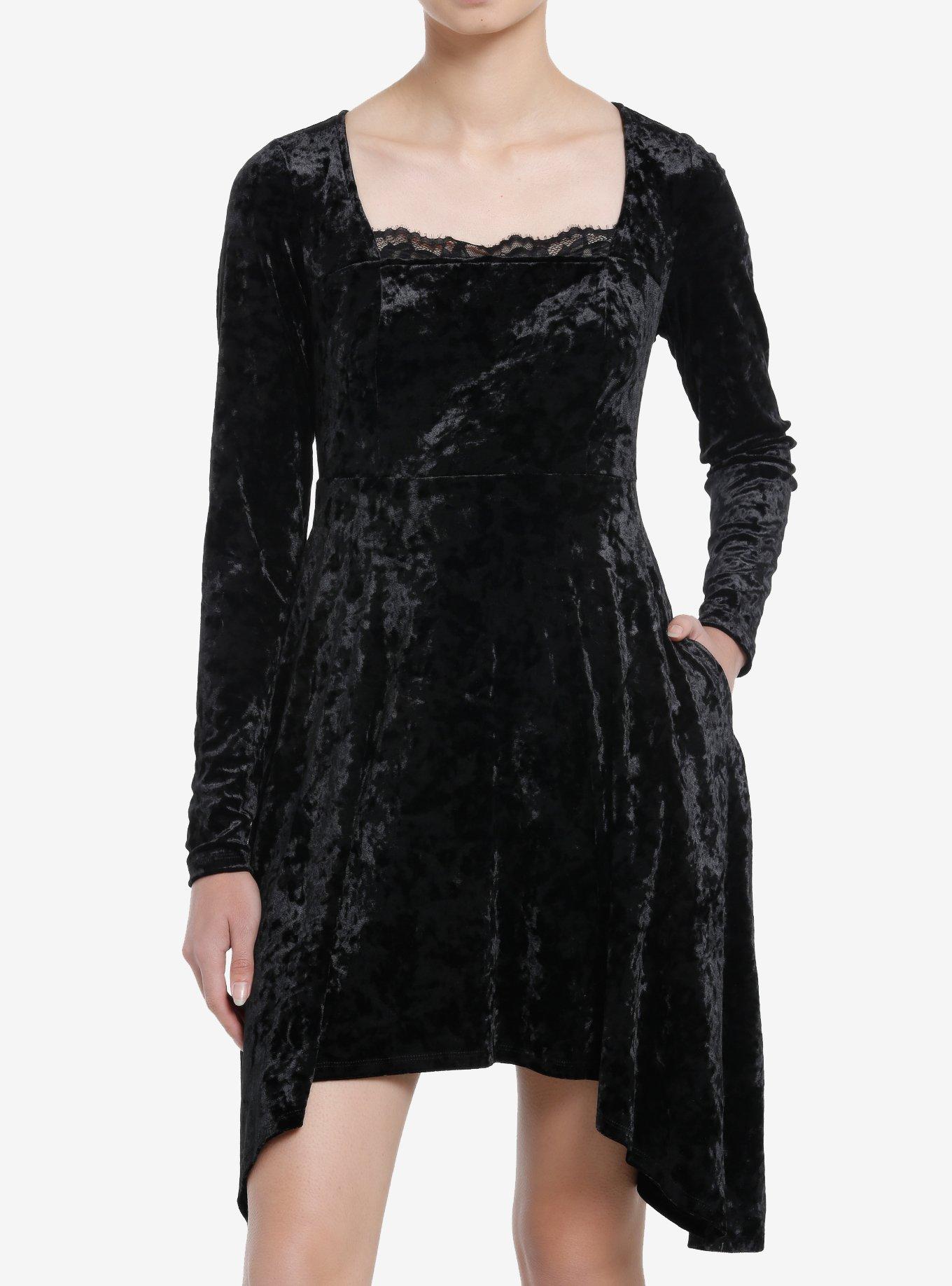 Cosmic Aura Black Velvet Lace Long-Sleeve Dress, BLACK, hi-res