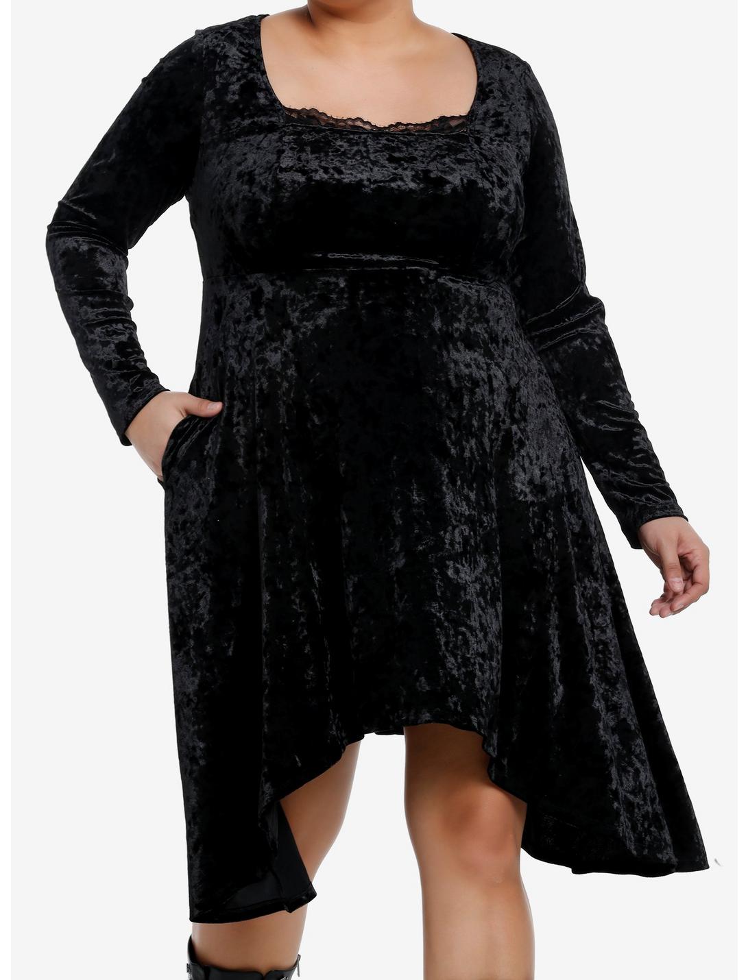 Cosmic Aura Black Velvet Lace Long-Sleeve Dress Plus Size, BLACK, hi-res