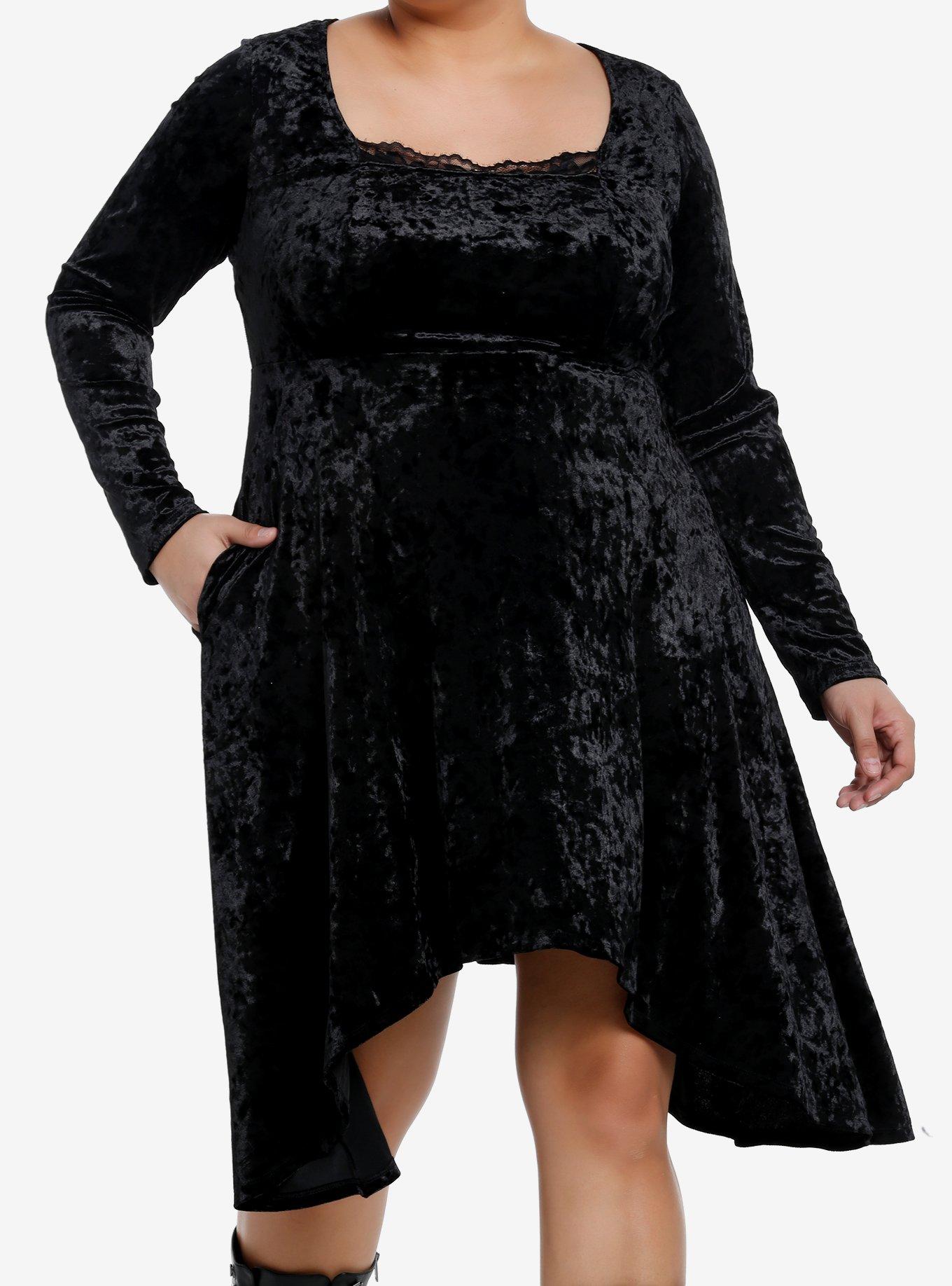 Cosmic Aura Black Velvet Lace Long-Sleeve Dress Plus Size, BLACK, hi-res