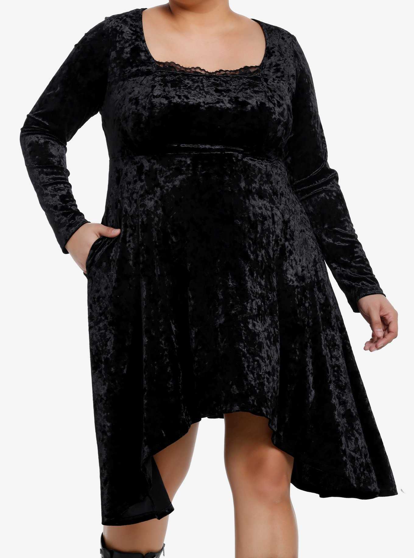 Cosmic Aura Black Velvet Lace Long-Sleeve Dress Plus Size, , hi-res