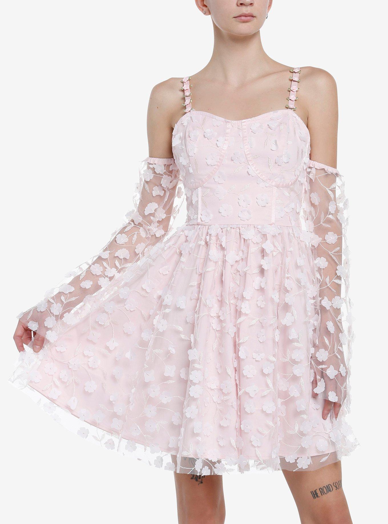 Thorn & Fable Pink Rosette Cold Shoulder Dress, PINK, hi-res