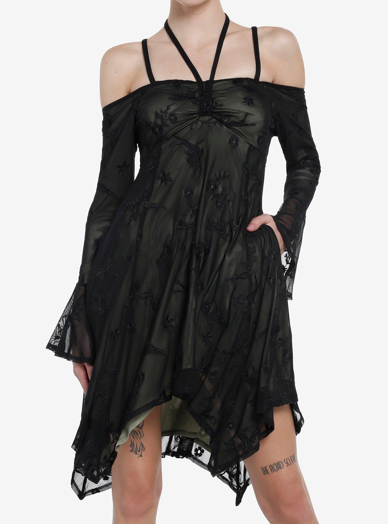 Thorn & Fable Fairy Floral Mesh Halter Cold Shoulder Dress, BLACK, hi-res