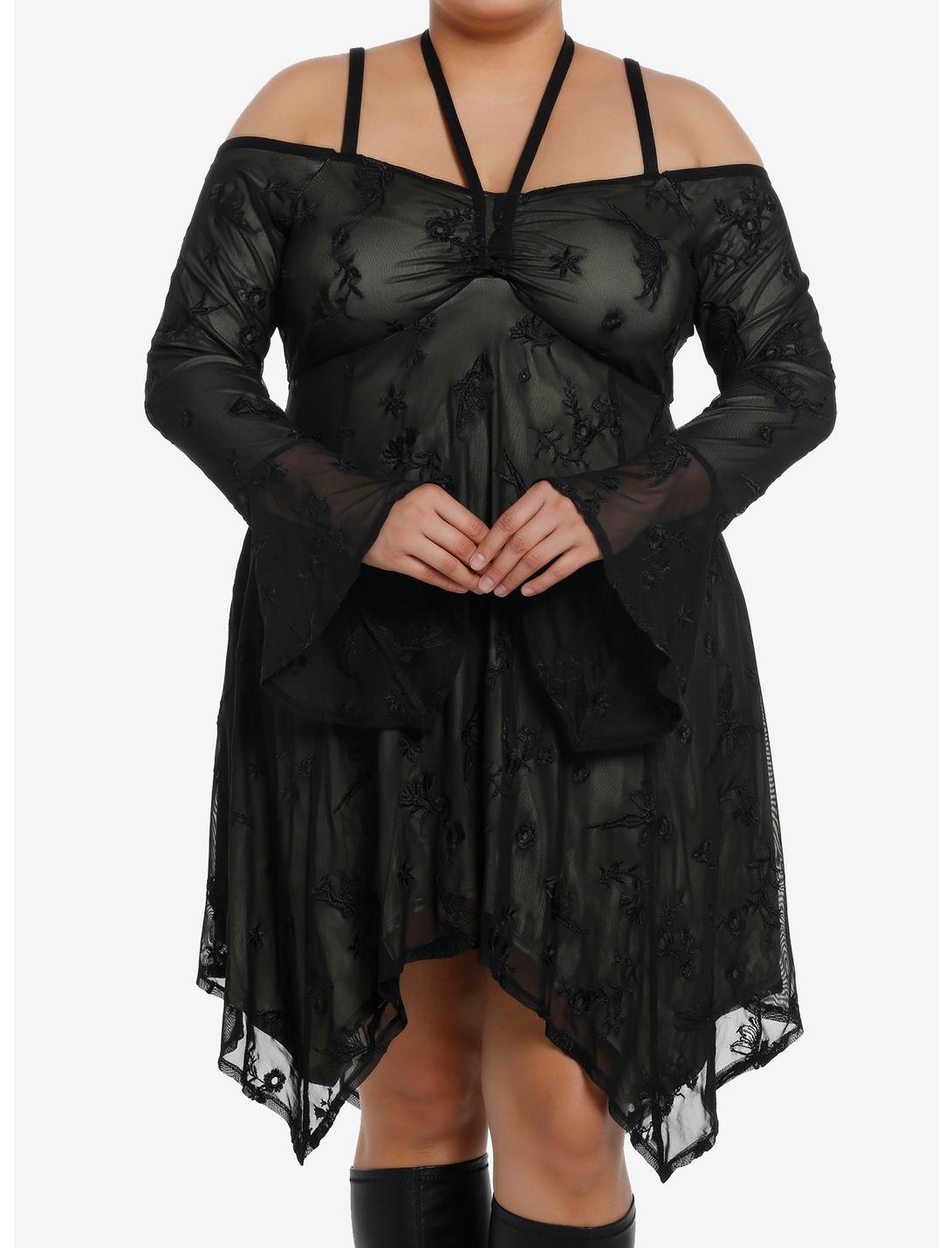 Thorn & Fable Fairy Floral Mesh Halter Cold Shoulder Dress Plus Size, BLACK, hi-res
