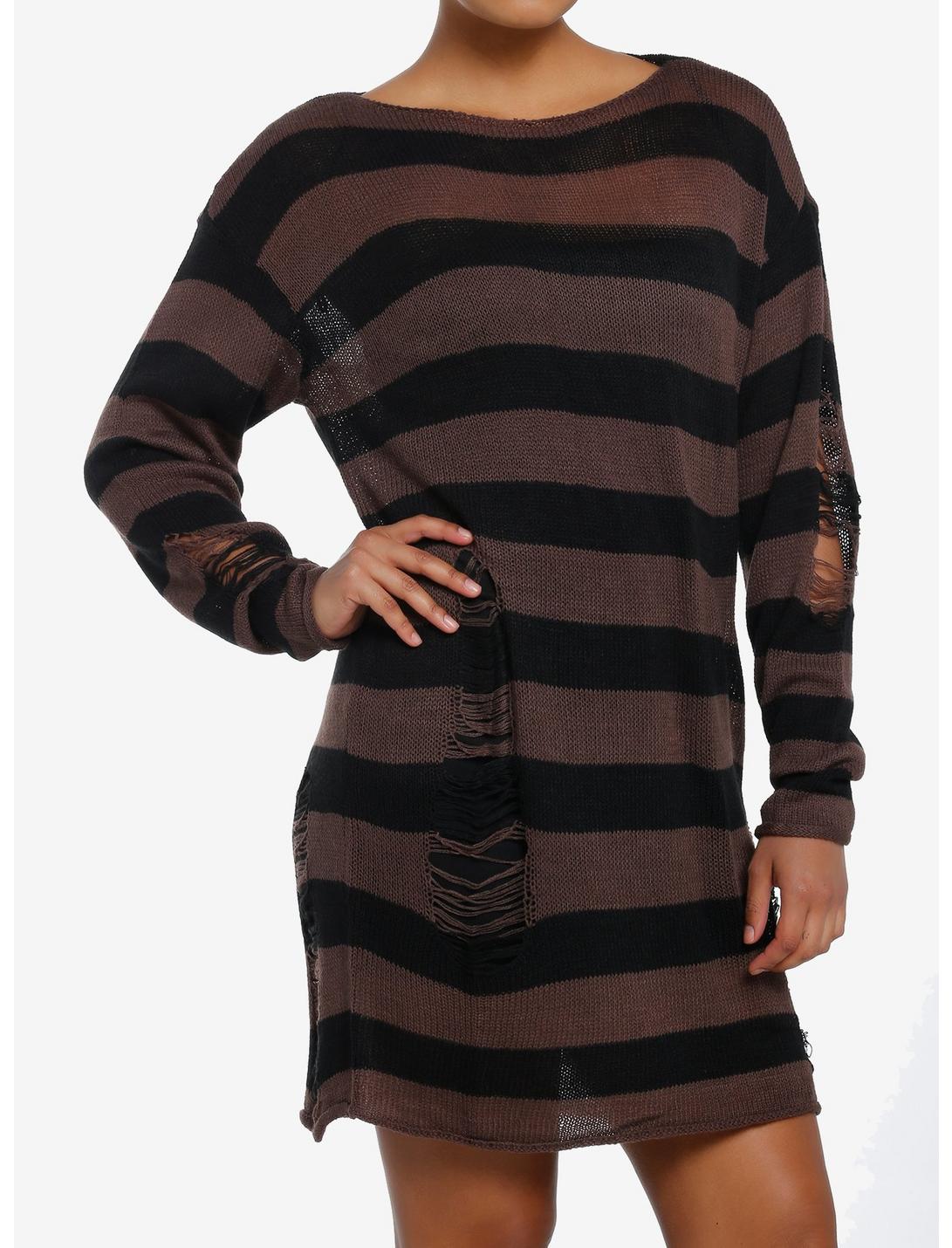 Social Collision Black & Brown Stripe Destructed Sweater Dress, BROWN, hi-res