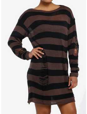 Social Collision Black & Brown Stripe Destructed Sweater Dress, , hi-res
