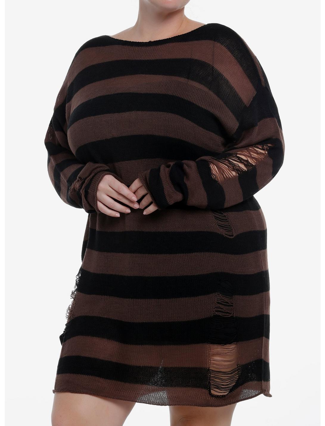 Social Collision Black & Brown Stripe Destructed Sweater Dress Plus Size, BROWN, hi-res