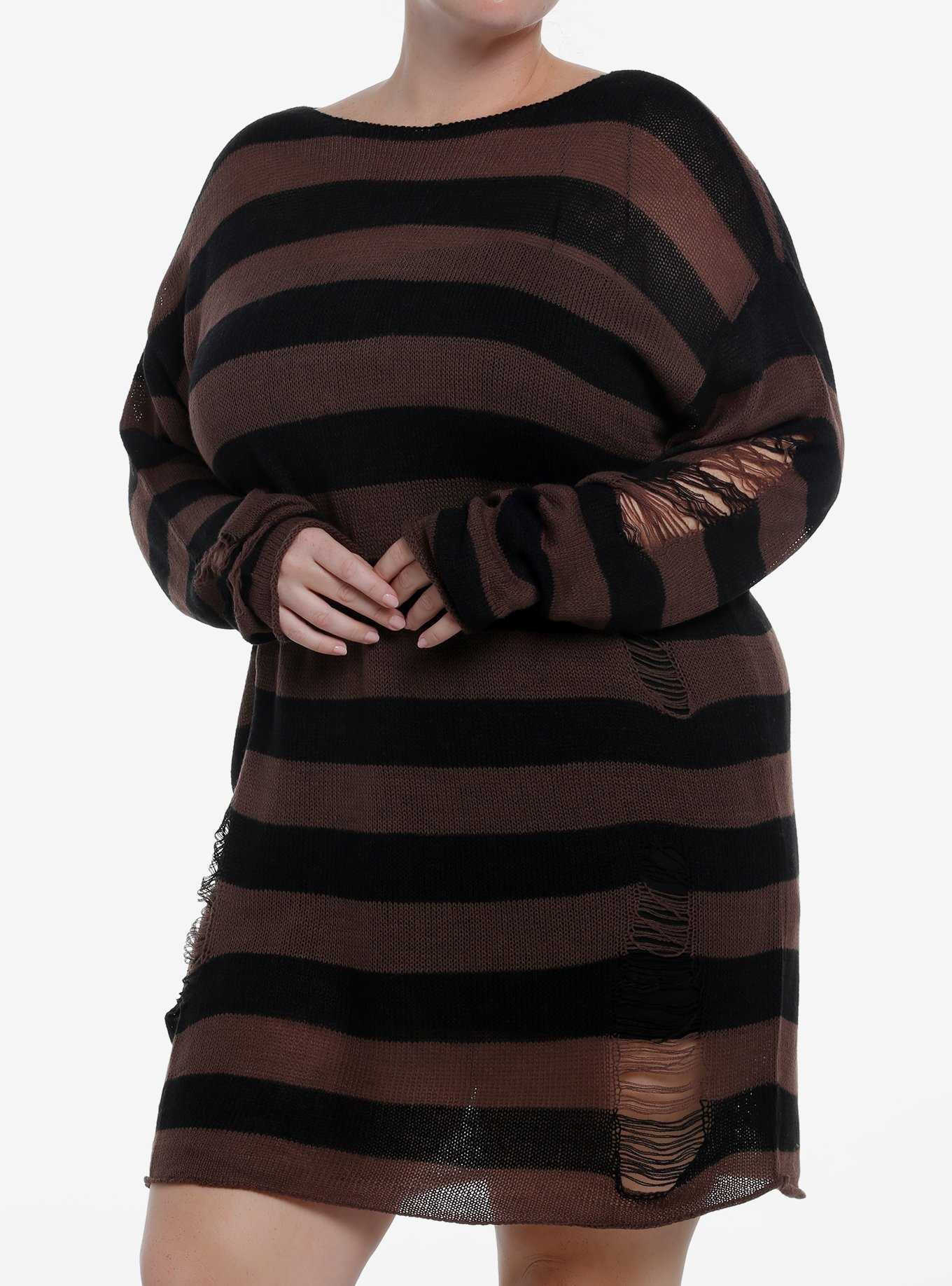 Social Collision Black & Brown Stripe Destructed Sweater Dress Plus Size, , hi-res