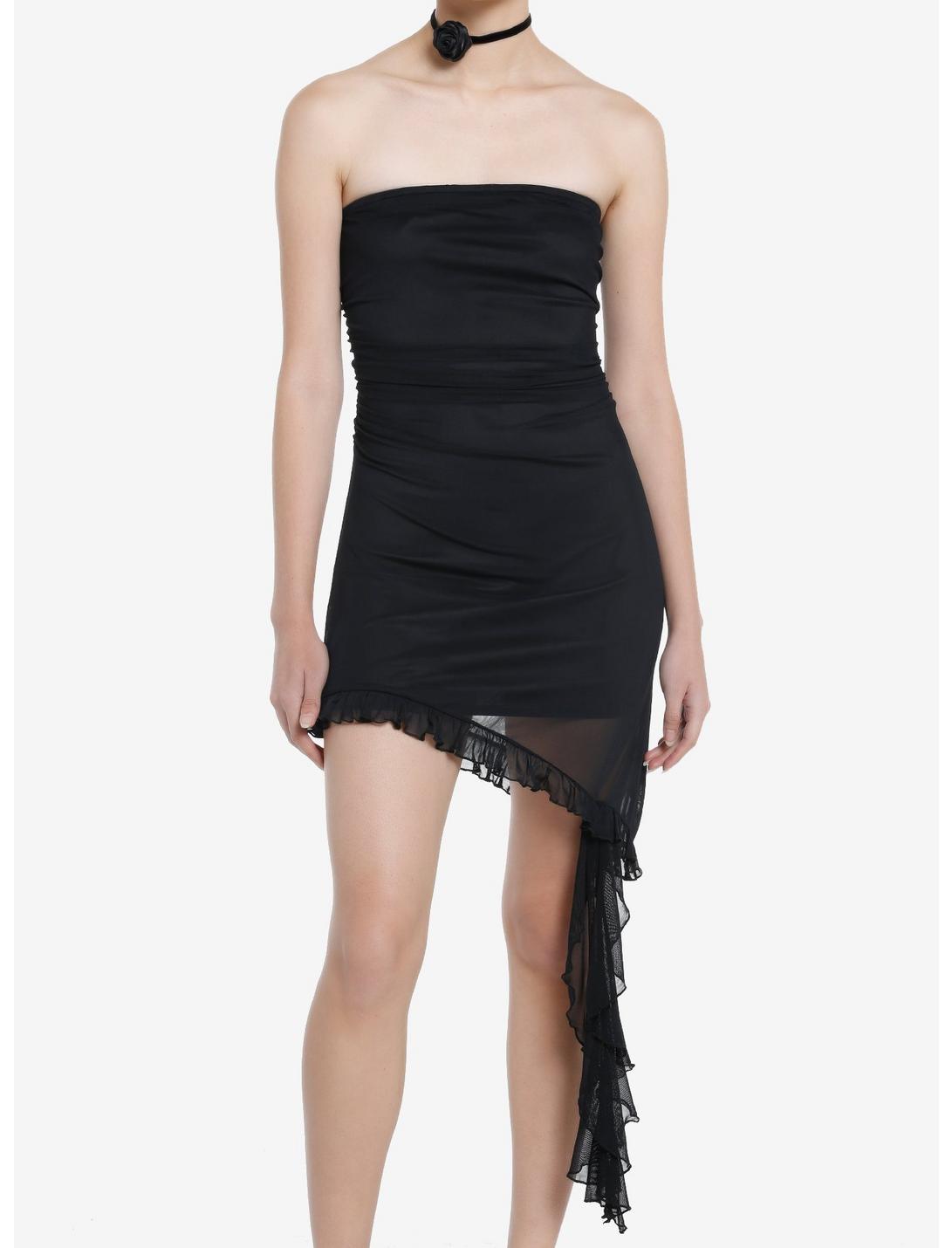 Cosmic Aura Y2K Neck Tie Asymmetrical Ruffle Mini Dress, BLACK, hi-res