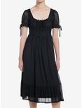 Cosmic Aura Black Lace-Up Mesh Puff Sleeve Midi Dress, BLACK, hi-res