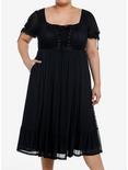 Cosmic Aura Black Lace-Up Mesh Puff Sleeve Midi Dress Plus Size, BLACK, hi-res
