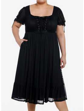 Cosmic Aura Black Lace-Up Mesh Puff Sleeve Midi Dress Plus Size, , hi-res