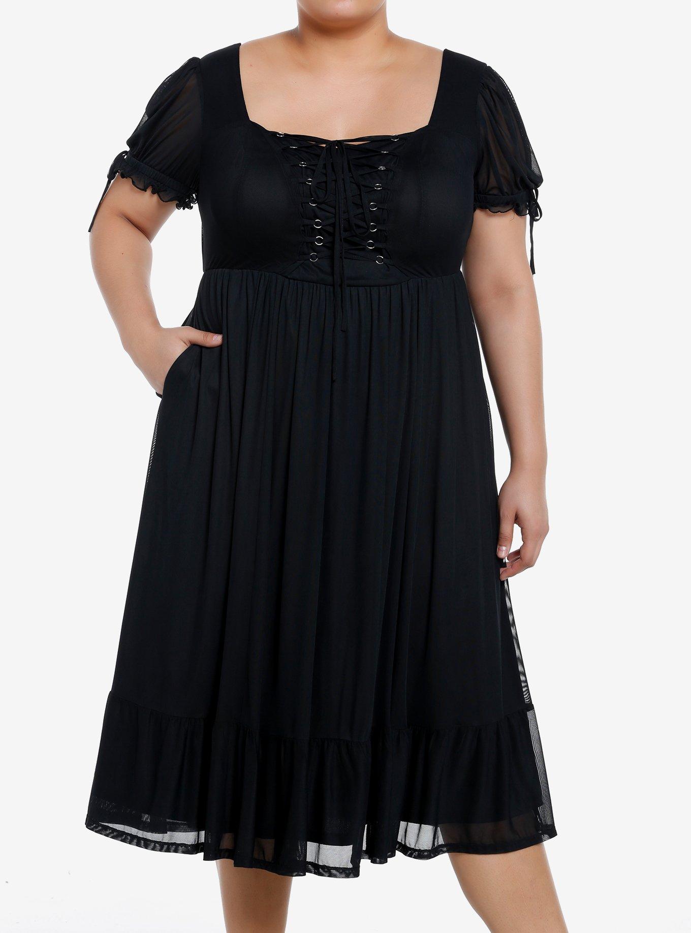 Cosmic Aura Black Lace-Up Mesh Puff Sleeve Midi Dress Plus Size, BLACK, hi-res