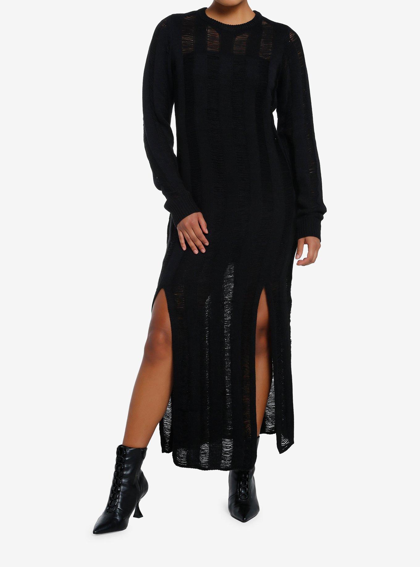 Cosmic Aura Stripe Destructed Slit Maxi Sweater Dress, BLACK, hi-res
