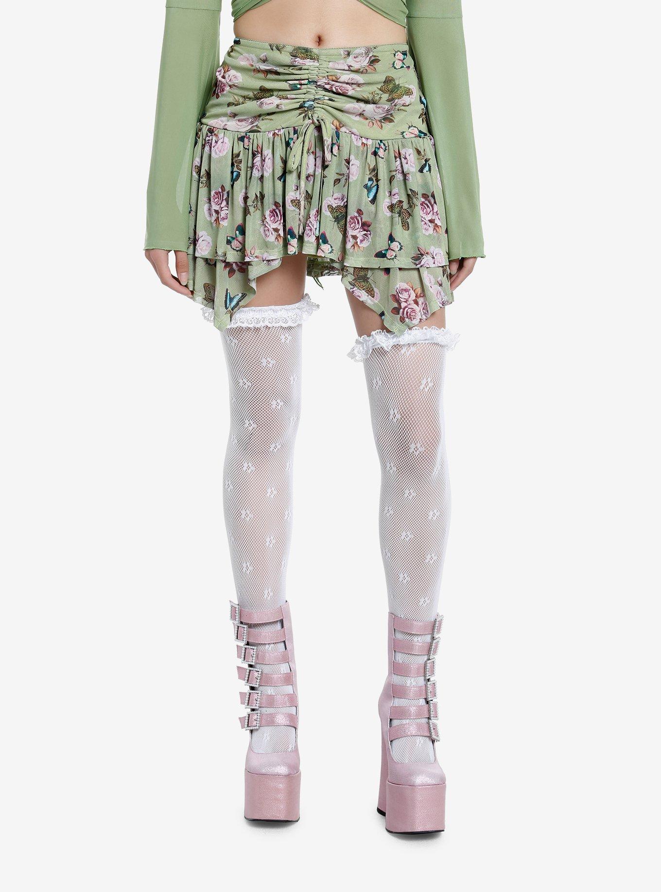 Thorn & Fable Floral Ruched Mesh Tiered Mini Skirt, PINK, hi-res