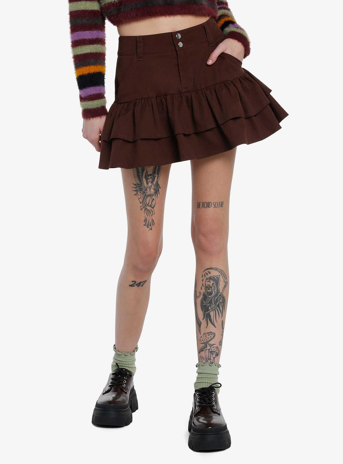 Social Collision Brown Double Ruffle Skirt, , hi-res