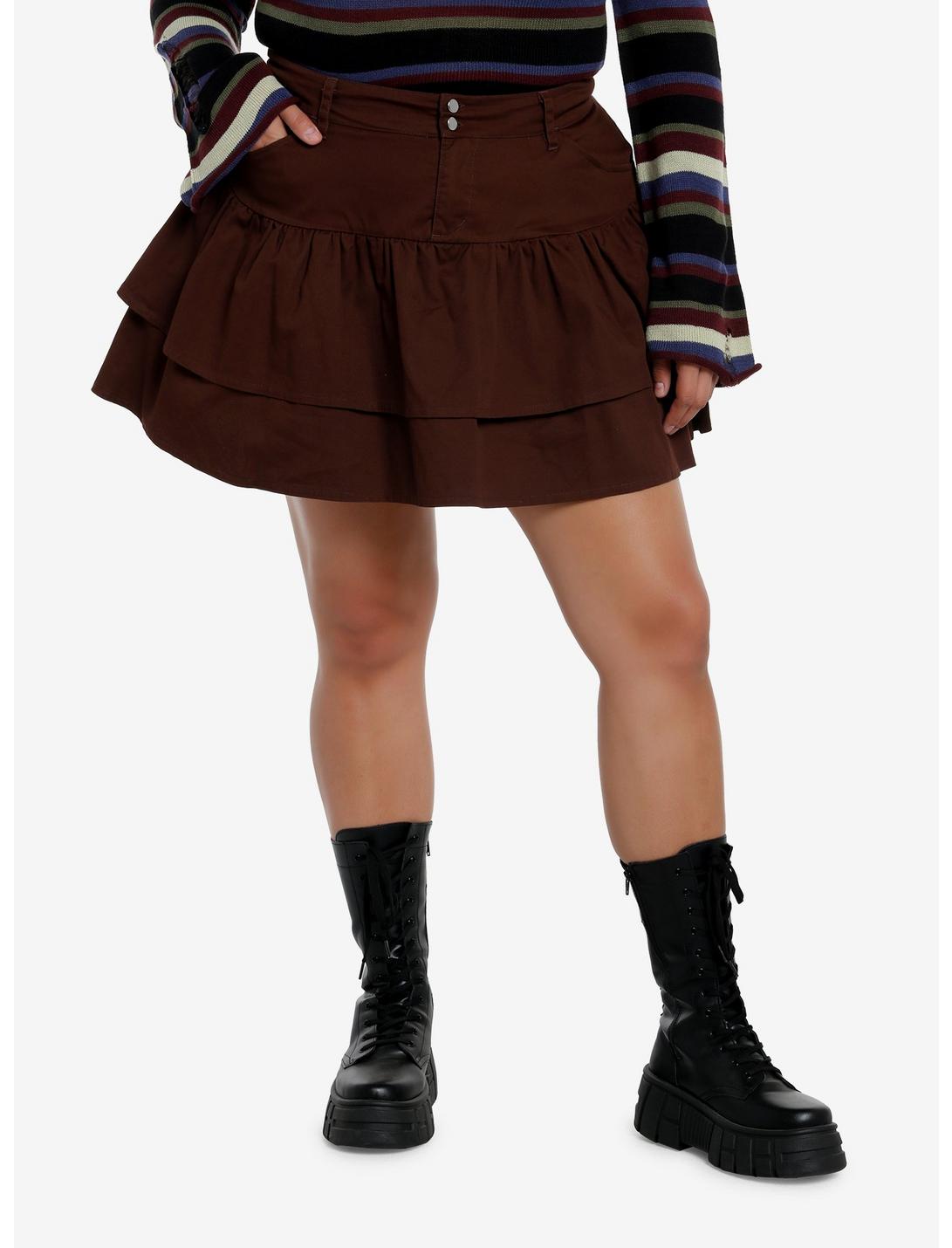 Social Collision Brown Double Ruffle Skirt Plus Size, BROWN, hi-res