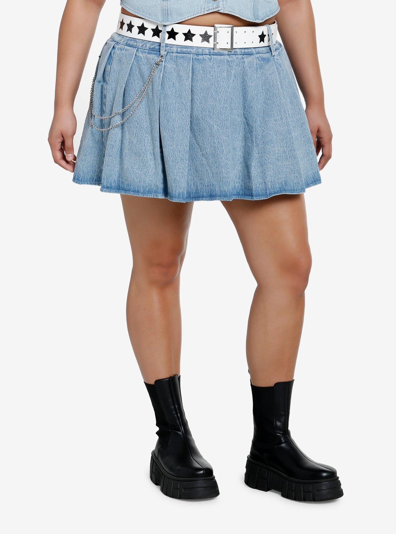 Social Collision Pleated Denim Skirt With Belt & Chain Plus Size, INDIGO, hi-res