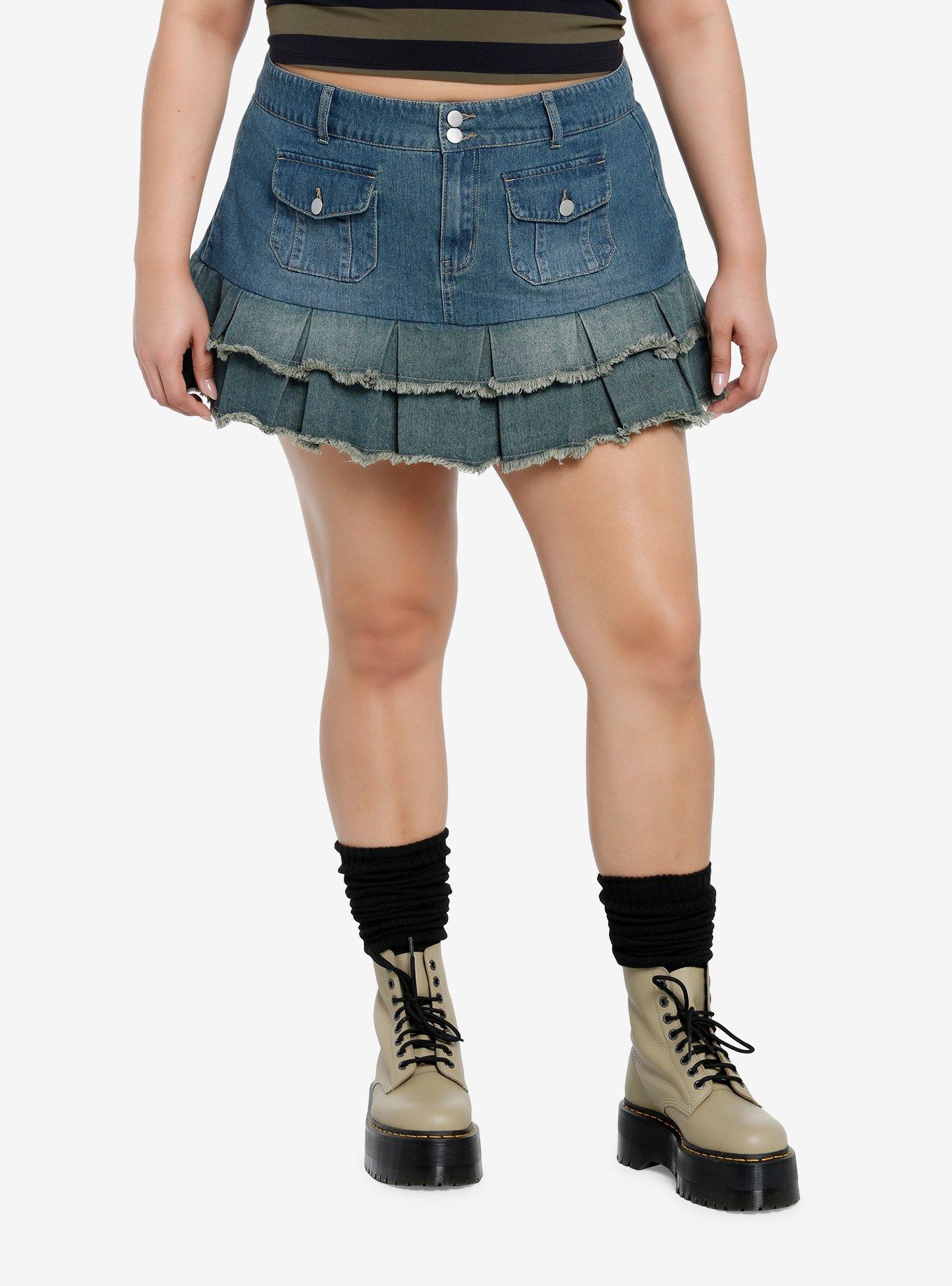 Social Collision Denim Ruffled Mini Skirt Plus Size, , hi-res