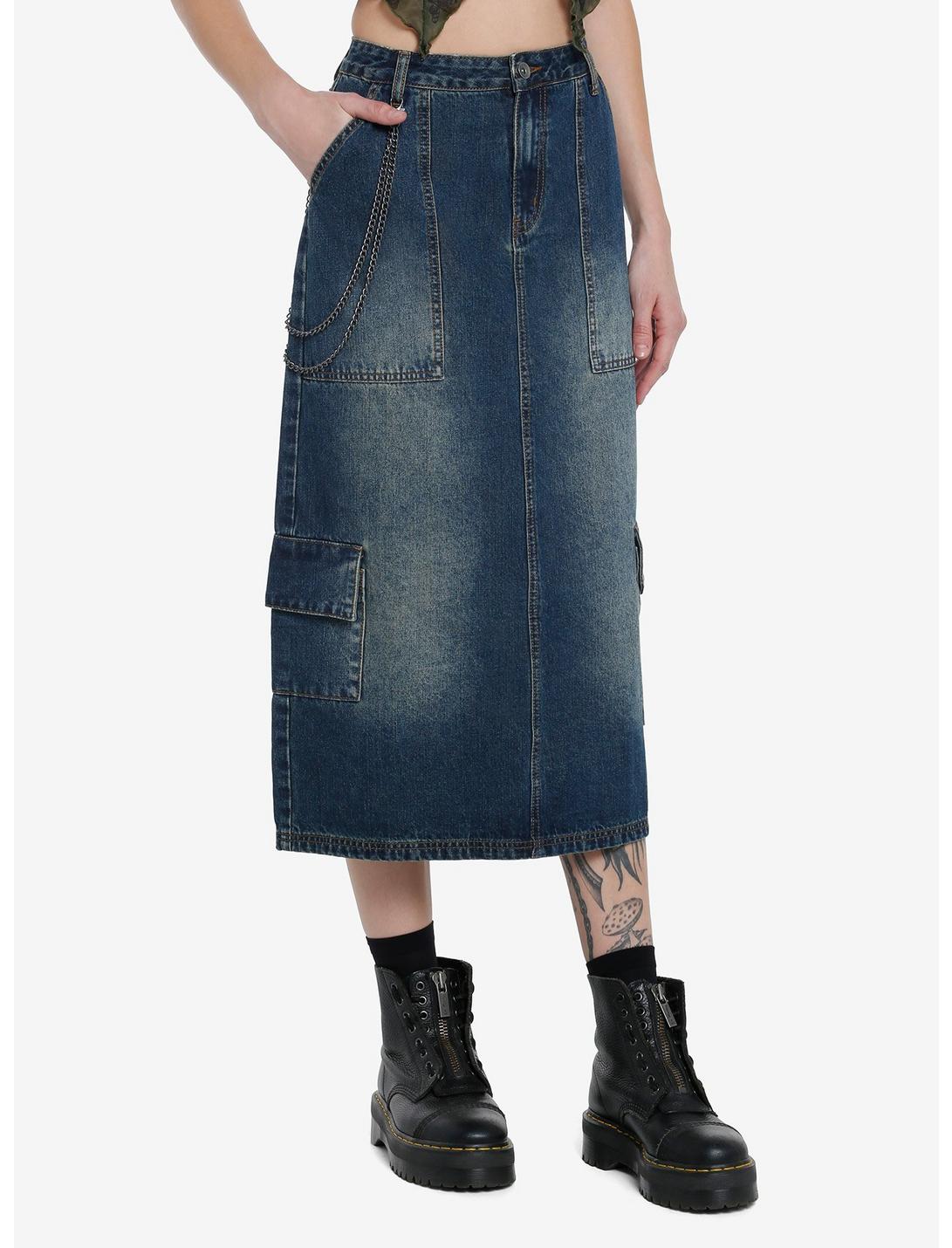 Social Collision Dark Wash Cargo Denim Midi Skirt With Chain, INDIGO, hi-res