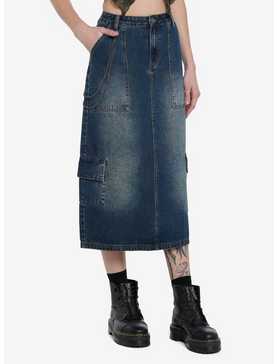 Social Collision Dark Wash Cargo Denim Midi Skirt With Chain, , hi-res