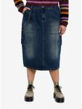 Social Collision Dark Wash Cargo Denim Midi Skirt With Chain Plus Size, INDIGO, hi-res
