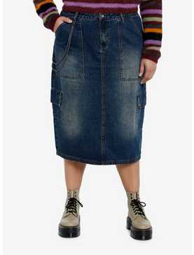 Social Collision Dark Wash Cargo Denim Midi Skirt With Chain Plus Size, , hi-res