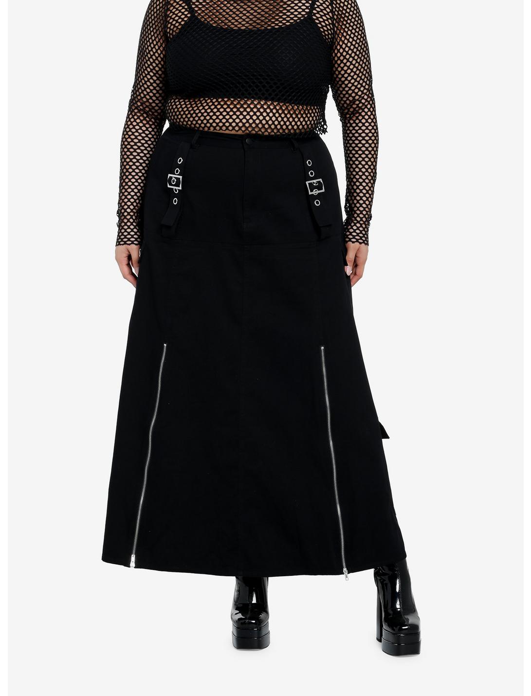 Social Collision Black ZIppers & Grommets Maxi Skirt  Plus Size, BLACK, hi-res