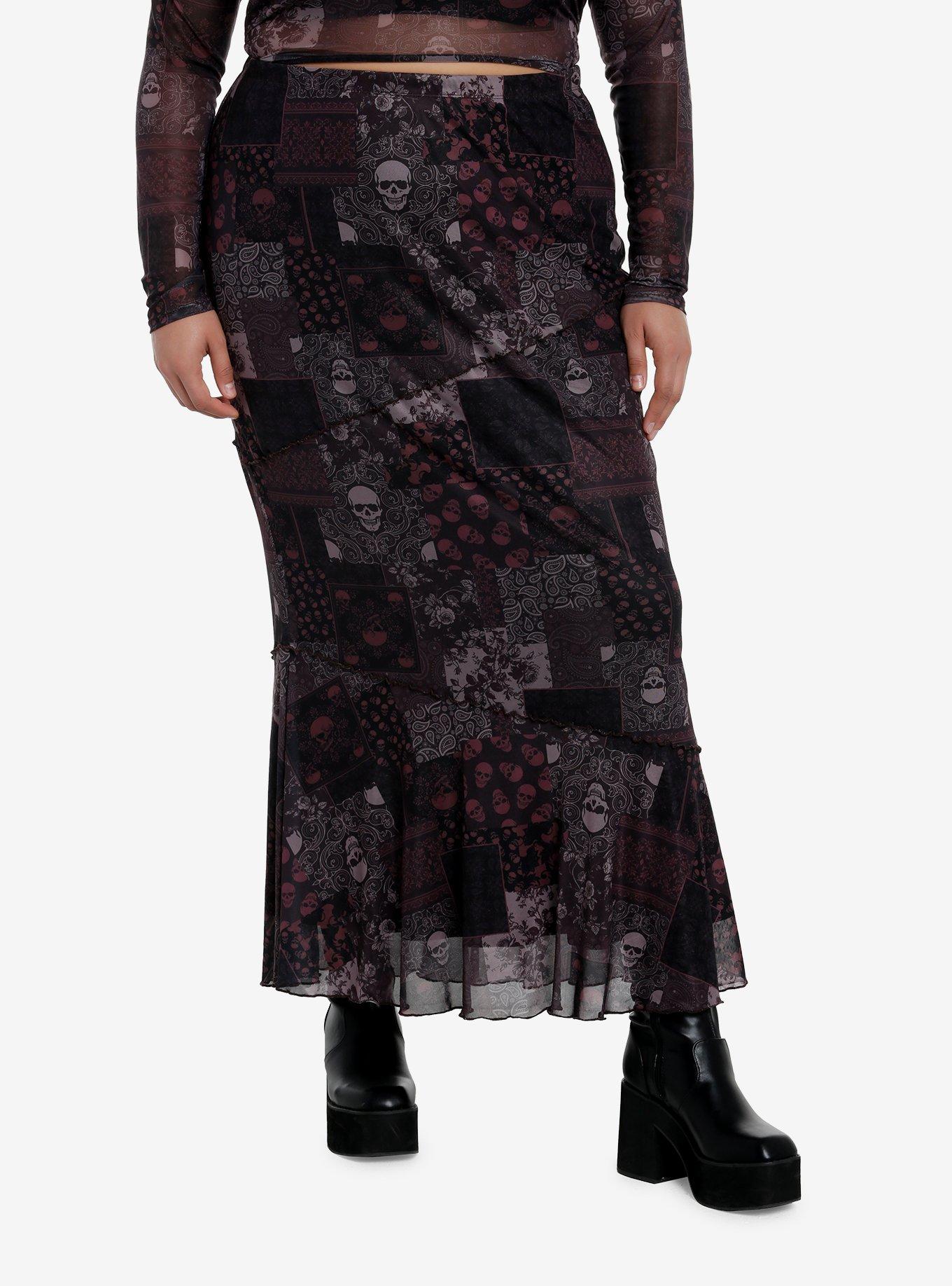 Social Collision Skull Paisley Patchwork Maxi Skirt Plus Size, MAUVE, hi-res