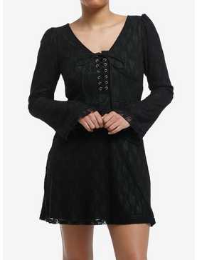 Black & Green Lace Bell Sleeve Dress, , hi-res