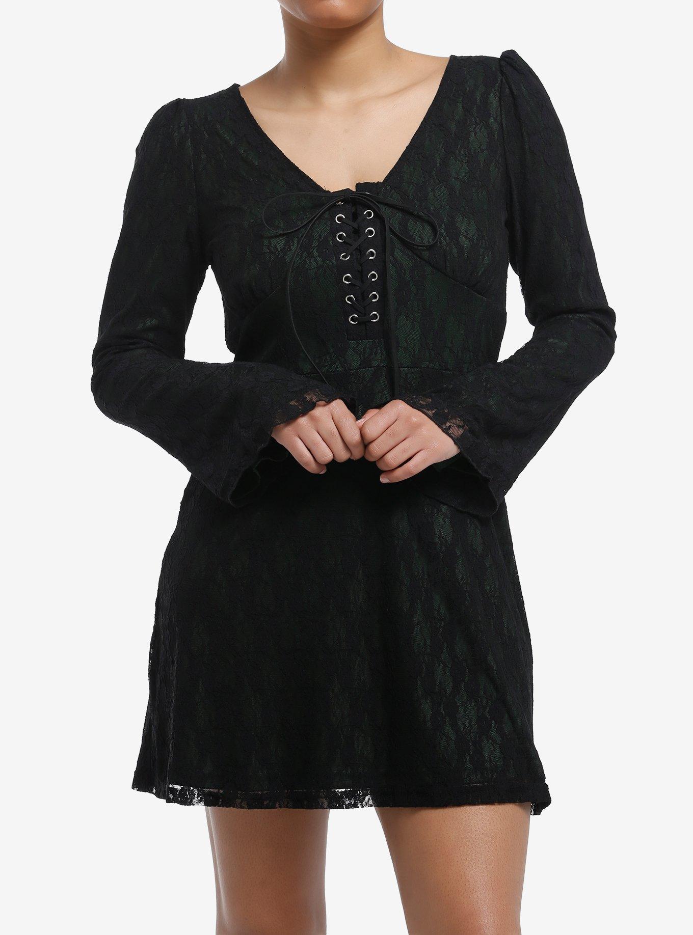 Black & Green Lace Bell Sleeve Dress, , hi-res