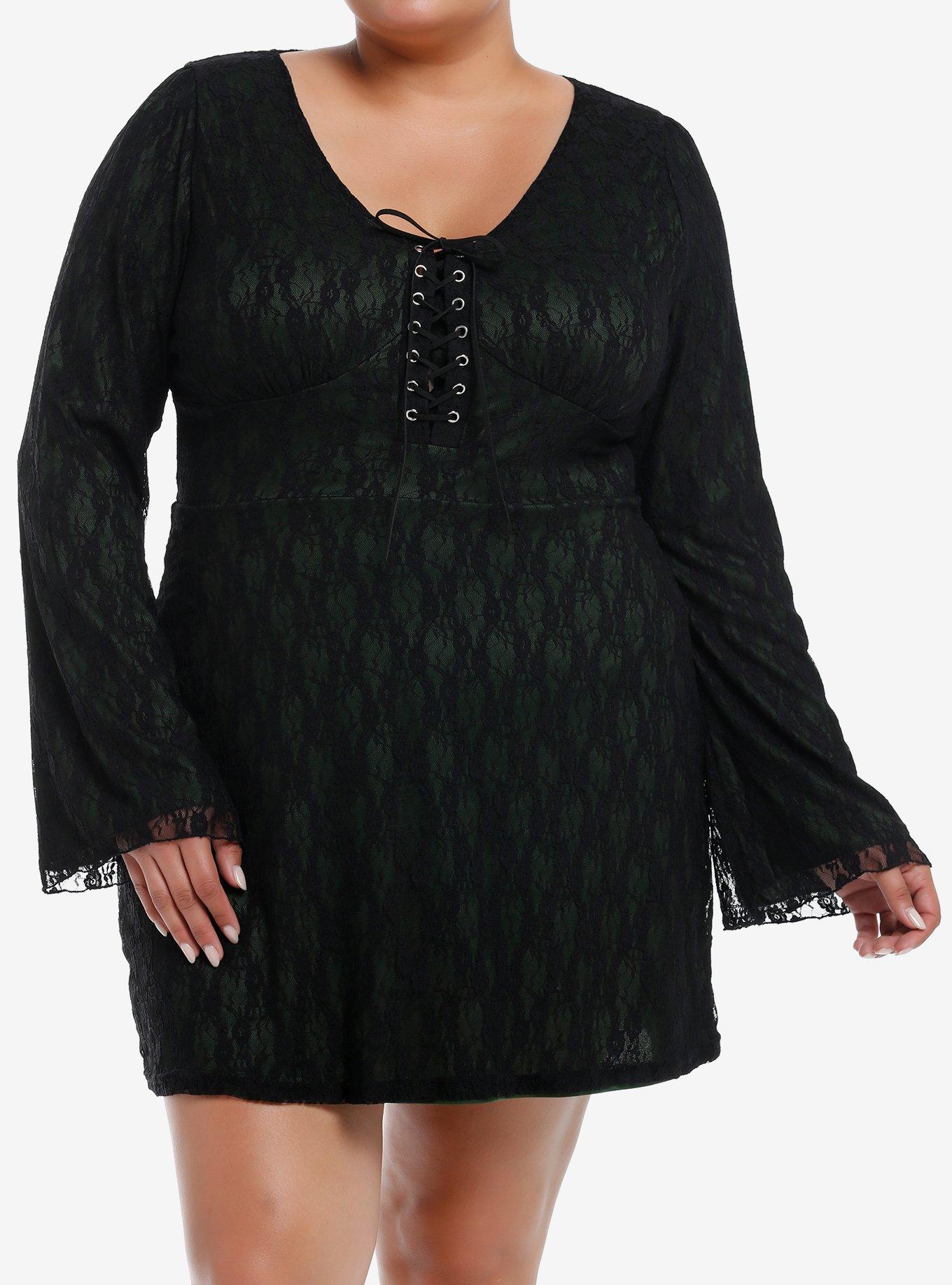 Black & Green Lace Bell Sleeve Dress Plus Size, KHAKI, hi-res
