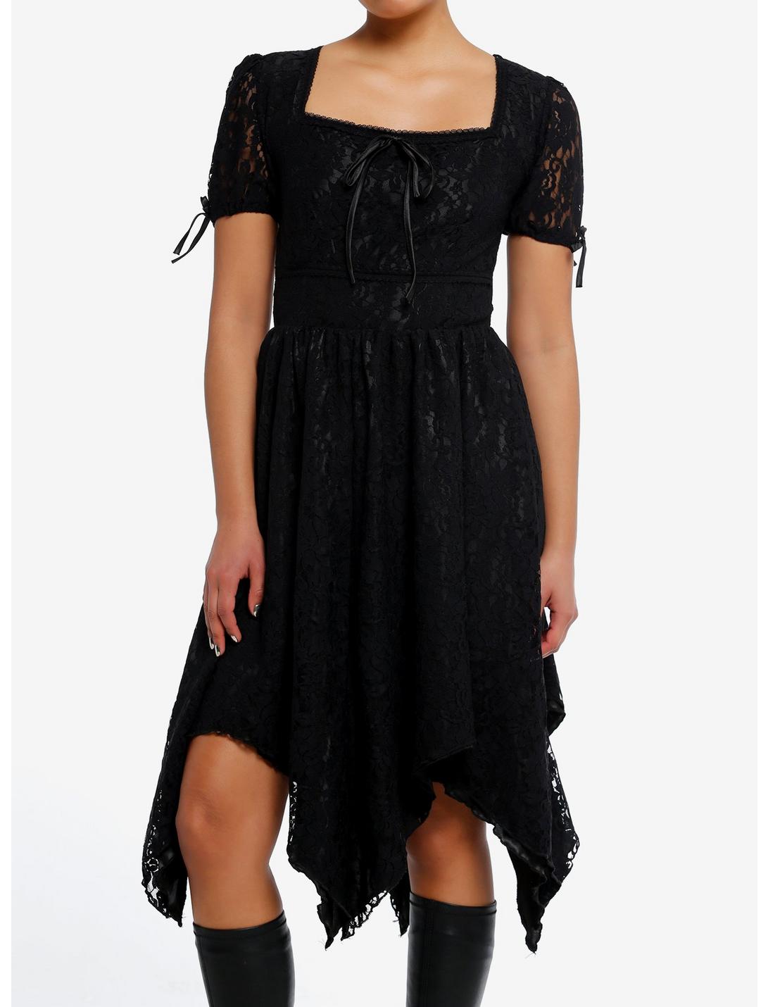 Daisy Street Black Lace Puff Sleeve Hanky Hem Dress, BLACK, hi-res
