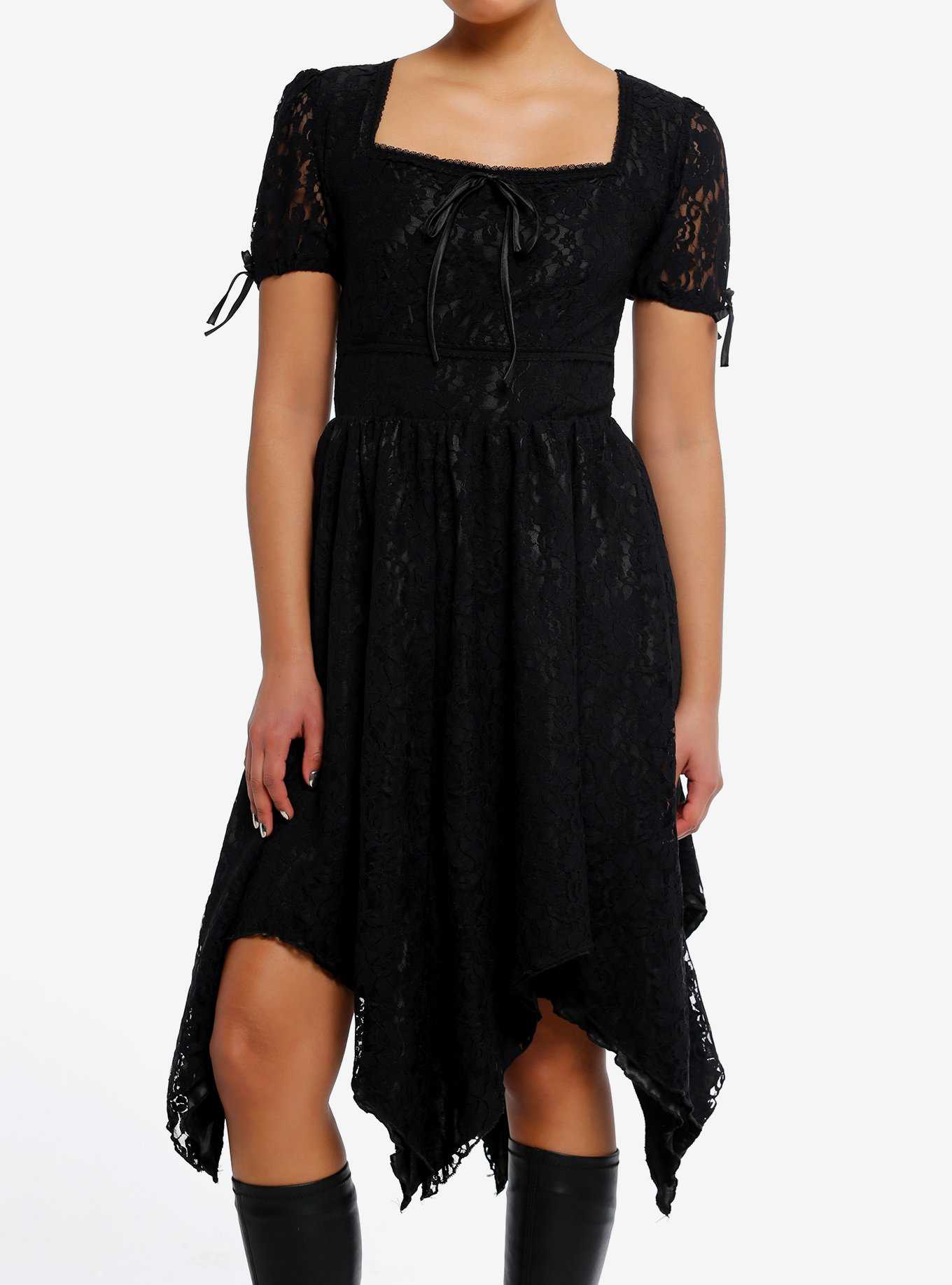 Daisy Street Black Lace Puff Sleeve Hanky Hem Dress, , hi-res