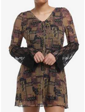 Brown Paisley Patchwork Bell Sleeve Dress, , hi-res